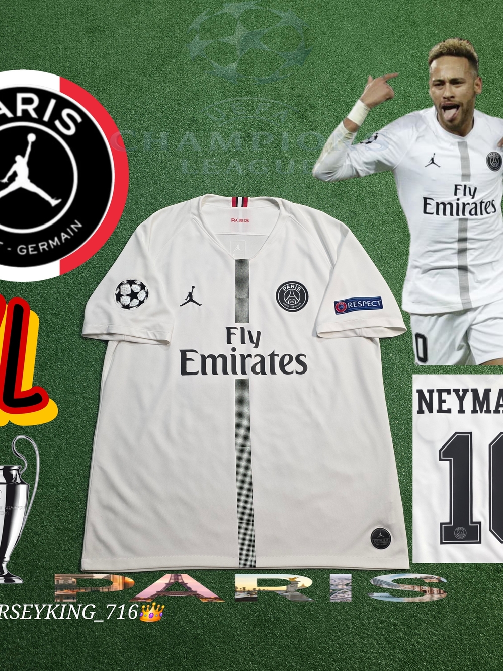 Jordan X PSG Neymar Jr #10 2018/2019 Away White Jersey UCL Patches XL